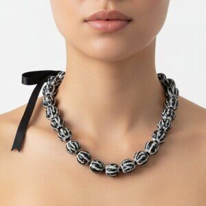 Hawaiian Kukui Nut Lei Hand Painted Black White Boho Necklace